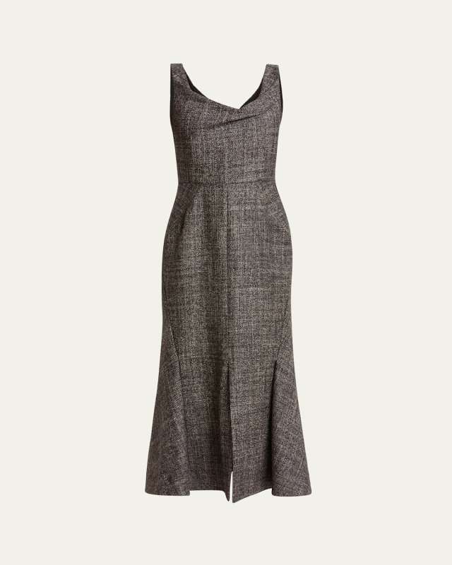 Draped Neckline Pencil Wool Midi Dress